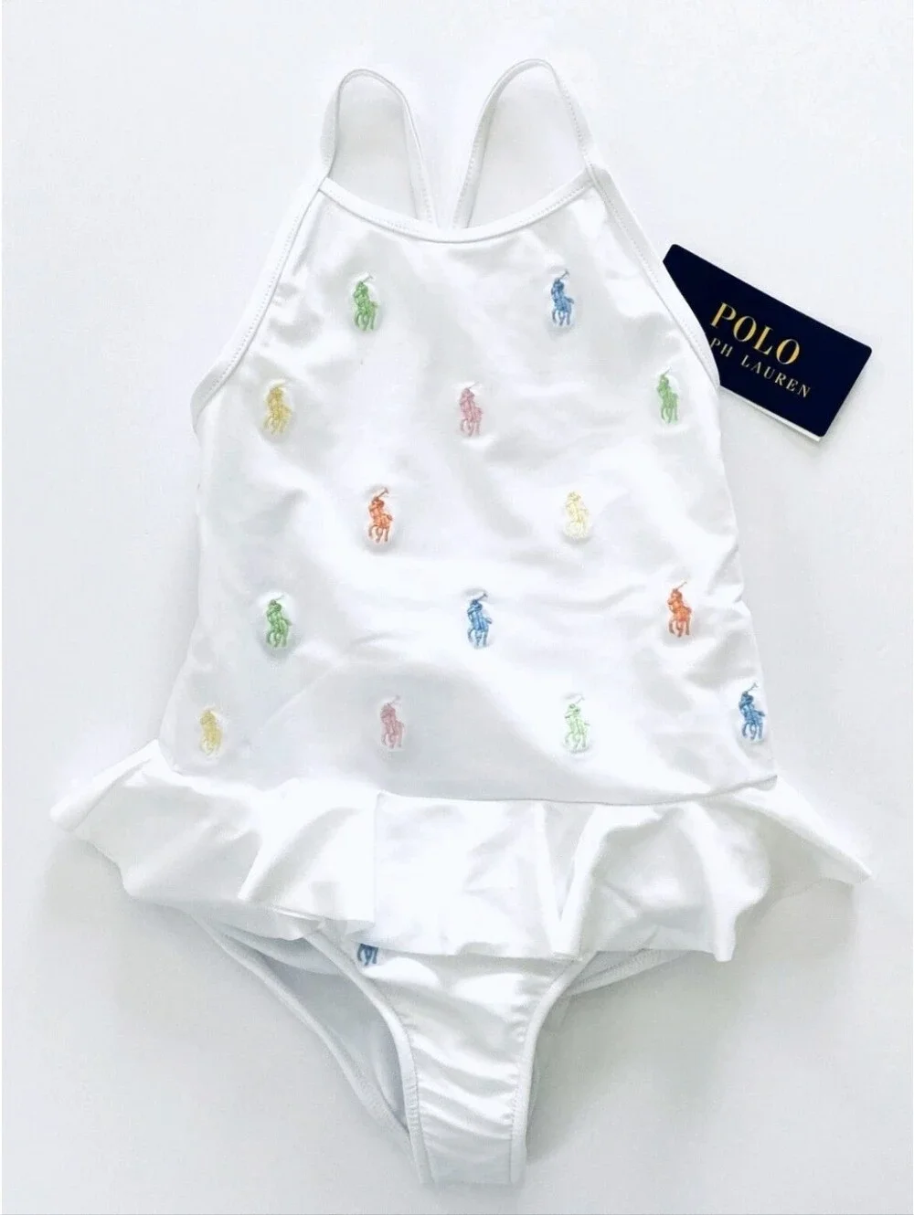 Polo Ralph Lauren NWT White One-Piece Girls Swimsuit with Multicolor Pony Logo.